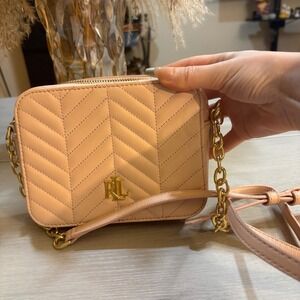 Lauren Ralph Lauren Quilted Chevron Camera Bag Pink Leather Gold Chain Crossbody